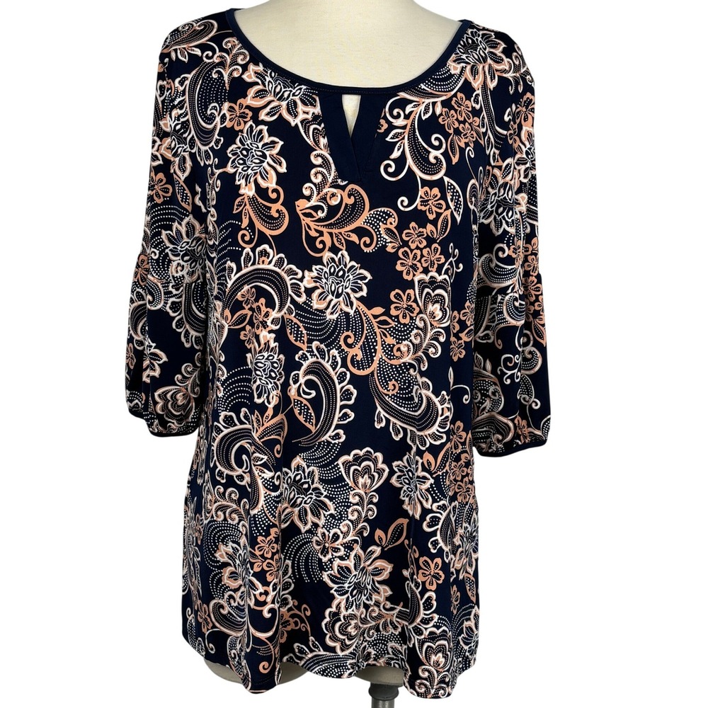 Espresso Navy Paisley Keyhole Tunic Top 3/4 Sleeve Textured Print Woman's L
